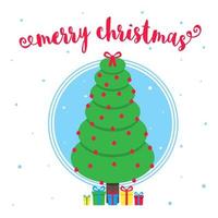 Merry Christmas greeting postcard with christmas fir and text flat style vector illustration. Celebrating christmas and happy new year card with gifts and tree isolated on snowflakes background.