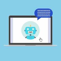 Modern device - laptop, notebook, netbook pc flat design with chat bot speak in the bubble popped on screen icon vector illustration. Technology concept of online chatting isolated on blue background