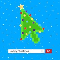 Computer mouse cursor arrow pointer like green christmas tree with balls and star. Merry Christmas and Happy New Year to you Flat style design vector illustration isolated on white background.