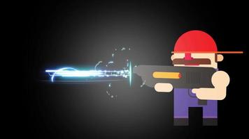 un homme avec une moustache et une casquette rouge tirant avec un pistolet laser. avec audio. video