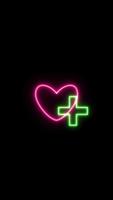 Glowing neon line Cross and heart hospital medical icon isolated on black background. First aid. Diagnostics symbol. Medicine and pharmacy sign. 4K Video motion graphic animation.