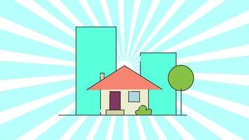 Concept of construction flat style house and rotation sun, isolated on blue background. Beautiful large building appearing on the background. New home, moving, real estate and relocation concept. Flat cartoon animation. Motion graphic animation. video