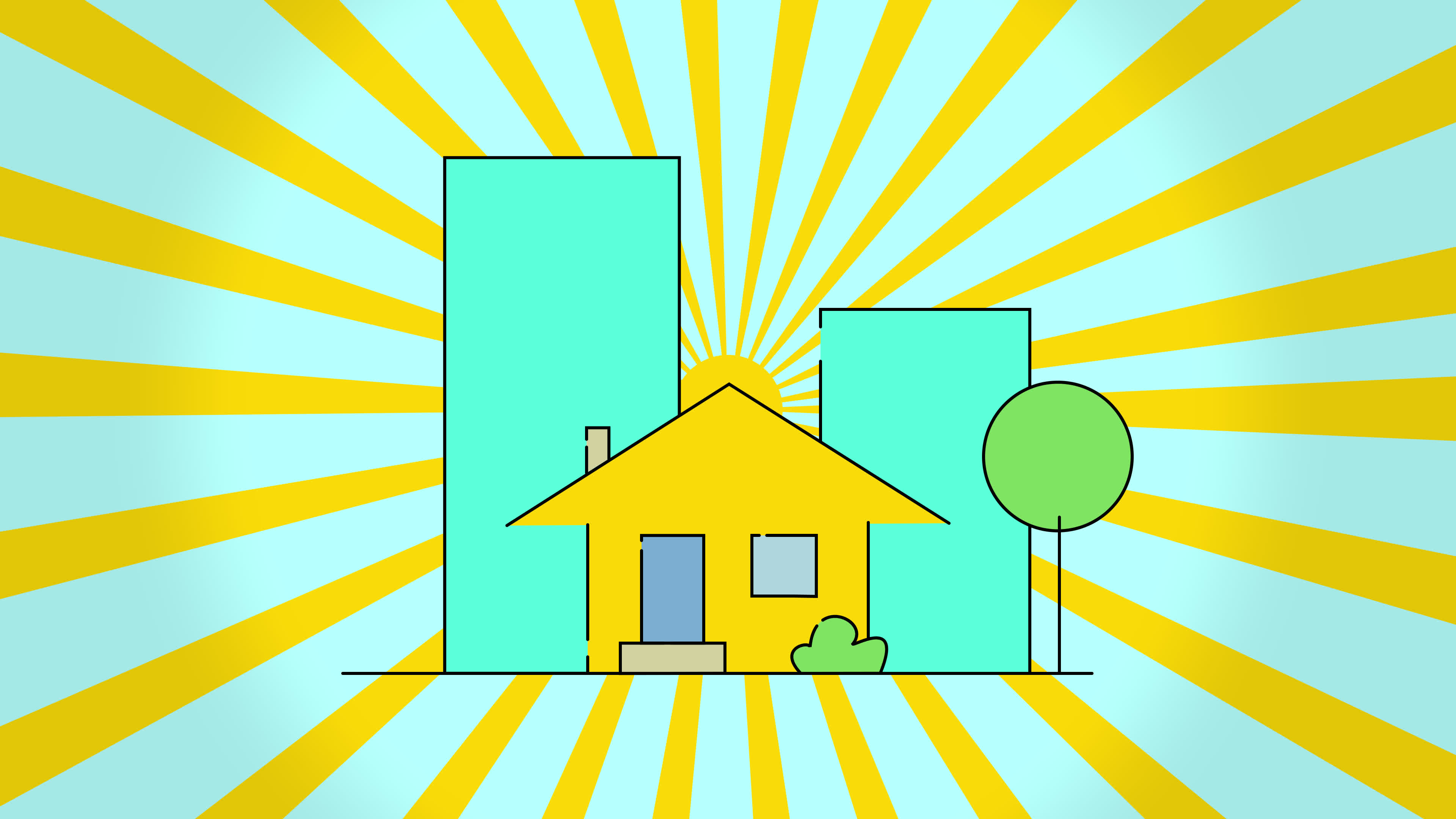 Concept of construction flat style house and rotation sun, isolated on blue background. Beautiful large building appearing on the background. New home, moving, real estate and relocation concept. Flat cartoon animation. Motion Concept of construction flat style house and rotation sun, isolated on blue background. Beautiful large building appearing on the background. New home, moving, real estate and relocation concept. Flat cartoon animation. Motion