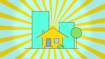 Concept of construction flat style house and rotation sun, isolated on blue background. Beautiful large building appearing on the background. New home, moving, real estate and relocation concept. Flat cartoon animation. Motion graphic animation. video