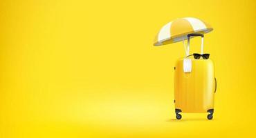 Yellow travel bag with beach umbrella. Horizontal banner with copy space vector