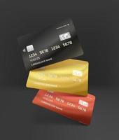 tarjetas de crédito doradas, negras y rojas sobre fondo oscuro vector