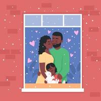 Happy african american family in home window flat color vector illustration