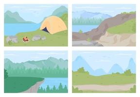 Countryside vacation flat color vector illustration set