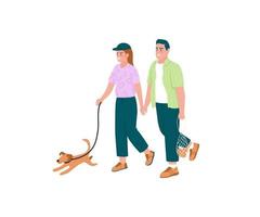 feliz pareja paseando a un perro color plano vector de caracteres detallados