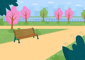 Parque de la ciudad cerca del río en la ilustración de vector de color plano de primavera.