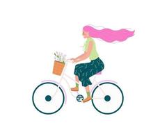 Caucasian woman in bicycle flat color vector detailed character