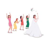 Bride throwing bouquet flat color vector faceless character