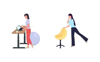 Woman standing while work flat color vector faceless character set