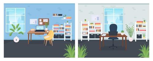 Office flat color vector illustration set