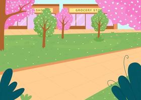 City park in spring flat color vector illustration