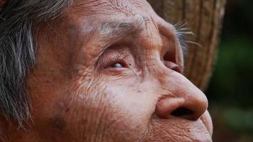 Nahaufnahme eines entzückten asiatischen alten Mannes, der in einem Garten steht und dem Himmel gegenübersteht Bauern sind mit dem Regen je nach Jahreszeit glücklich video