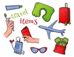 Travel essentials flying on an airplane in a cartoon style vector