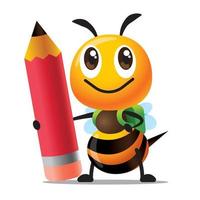 abeja linda de dibujos animados con mochila escolar y lápiz rojo gigante vector