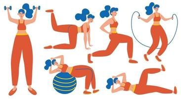 Workout girl set Lunges and squats plank and abc Full body workout Modern flat design concept of web page design for website and mobile website Vector illustrations each figure is isolated