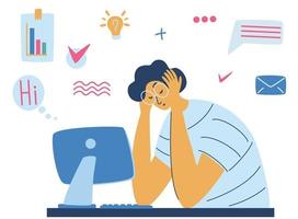 Exhausted tired male manager in office sad sitting with head down Burnout concept illustration with exhausted man office worker sitting at the table Stressful work Stress at workplace Vector