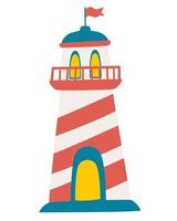 Cute lighthouse icon Searchlight towers for marine navigation guidance Nursery art Cartoon hand drawn illustration isolated on white background in a flat style vector