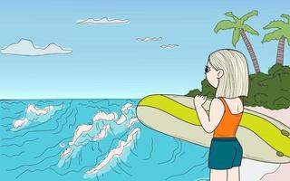 Doodle cute girl at the sea with a board Surfing on the ocean Relaxation isolated line Hand drawn vector illustration