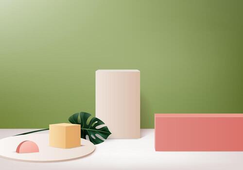 Los productos de fondo 3D muestran la escena del podio con el vector de fondo de la plataforma geométrica Representación 3d con el soporte del podio para mostrar los productos cosméticos Escaparate del escenario en la pantalla del pedestal Estudio verde