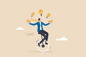 Creativity and ideas innovation or skill to success in business skillful businessman riding unicycle juggling lightbulb lamp metaphor of plenty ideas vector