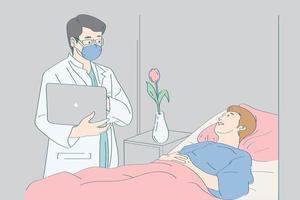 análisis médico diagnóstico y consulta cómo prevenir la enfermedad médico tomar el caso de examen y asesorar al paciente con tulipán rosa en la sala vector