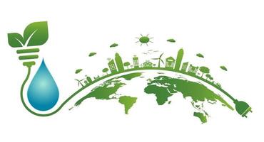 símbolo de la tierra con hojas verdes alrededor de la ecología, las ciudades verdes ayudan al mundo con ideas conceptuales ecológicas vector