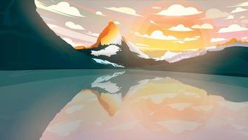 Vector background dawn on the lake against the backdrop of mountains and cloudy sky