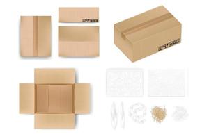 Mockup carton box in different view with tape or opened view object comes with cushion material as bubble wrap foam sheet paper cushion air cushion bag realistic vector illustration