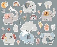 colección de pegatinas de elefantes boho vector