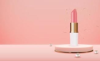 Lápiz labial natural realista 3d en el podio rosa con plantilla de diseño de perlas de productos cosméticos de moda vector