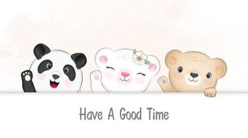 Cute panda and bears waving paw vector