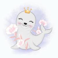 Baby seal and flowers watercolor illustration vector