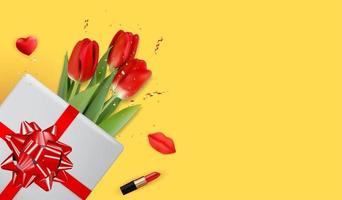 Feliz día de la mujer fondo de felicitación de vacaciones con tulipanes y caja de regalo vector