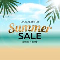 Summer Sale Poster Background with Paln Leaves and Sea vector