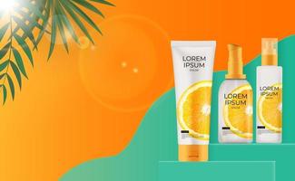 Fondo moderno de botella de crema de protección solar realista 3d con hojas de palma y naranja vector