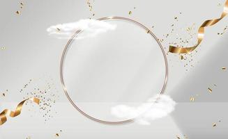 Golden Glass Ring Frame realistic clouds and confetti ribbon vector