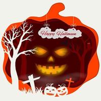 Feliz Halloween con calabazas aterradoras sobre fondo de arte de papel vector