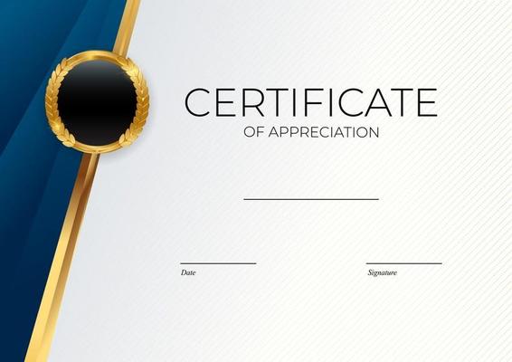 Blue and gold Certificate of achievement template set Background with gold badge and border