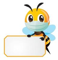 abeja linda de dibujos animados con mascarilla protectora apuntando al borde amarillo con letrero vector