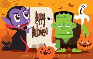 Little cute Dracula vampire and Frankenstein monster character with Calligraphy on retro paper in Halloween theme vector