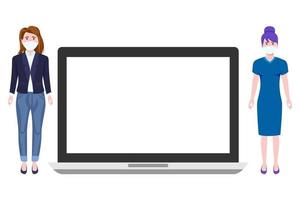 Young beautiful businesswoman characters wearing business outfit standing with blank laptop screen and posing vector