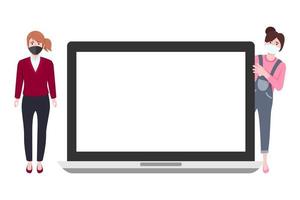 Young beautiful businesswoman characters wearing business outfit standing behind blank laptop screen and pointing waving isolated vector