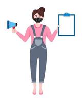 Young beautiful businesswoman a character wearing business outfit facial fabric mask standing and holding mic clipboard vector