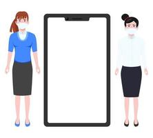 Young beautiful businesswoman characters wearing business outfit standing with blank mobile screen and posing vector