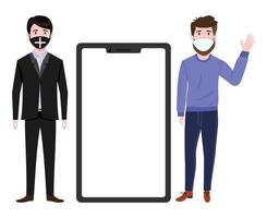 Young beautiful businessman characters wearing business outfit standing with blank mobile screen and waving vector