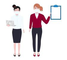 Young beautiful businesswoman character wearing business outfit facial fabric mask standing with laptop clipboard vector
